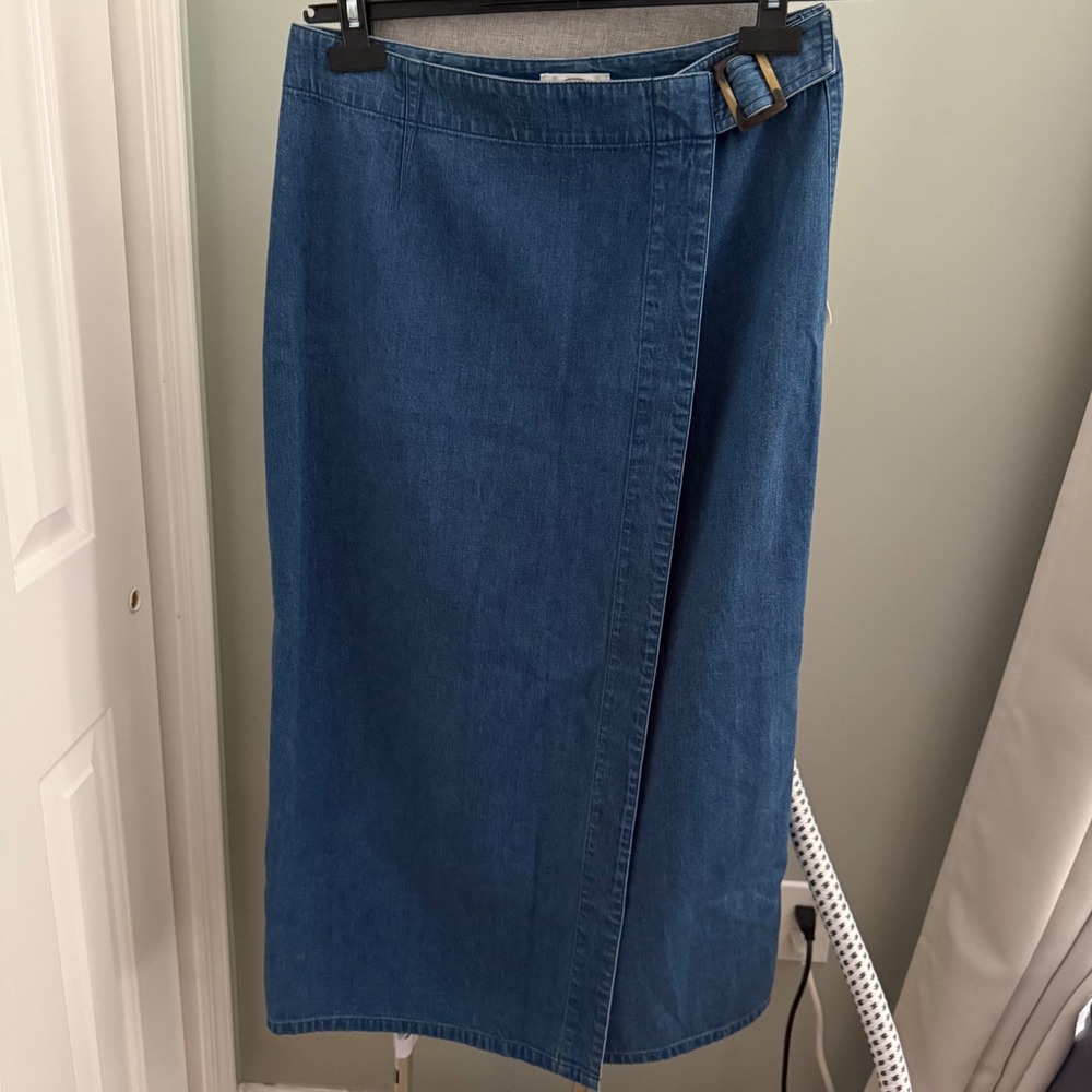 Talbots Denim Wrap Skirt 10 Blue Side Buckle Midi 90s Minimalist Quiet Luxury